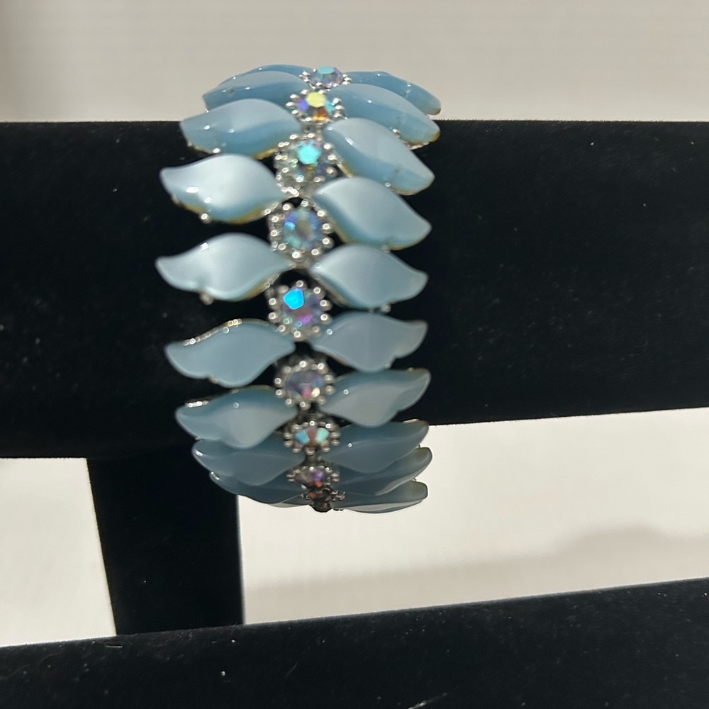 Costume Bracelet Pale Blue & Silver Jeweled with Angel Wing Design